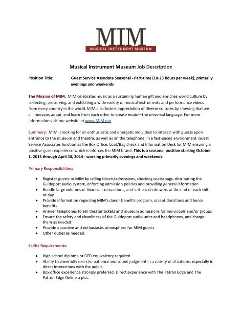 Musical Instrument Museum Job Description