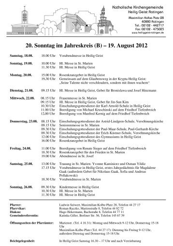 20. Sonntag im Jahreskreis (B) â 19. August 2012 - Heilig Geist