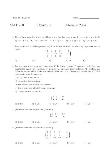 Mat 250 Exam 1 February 2004