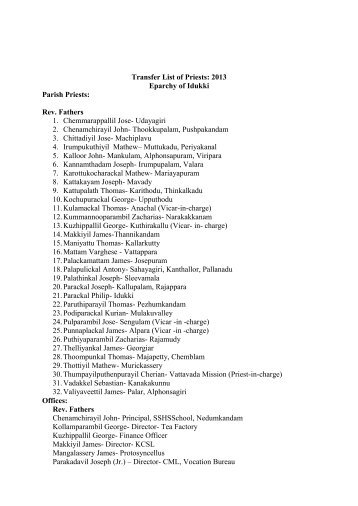 Transfer List of Priests: 2013 Eparchy of Idukki Parish Priests: Rev ...