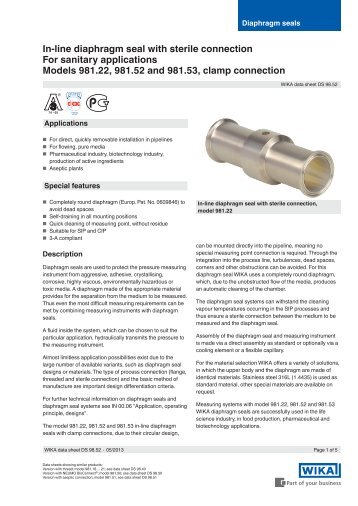 In-line diaphragm seal with sterile connection For sanitary ...