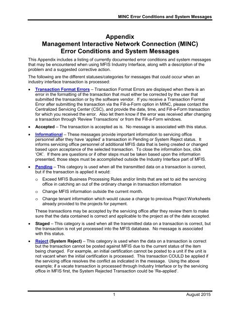 Error Condition/System Message - USDA MINC