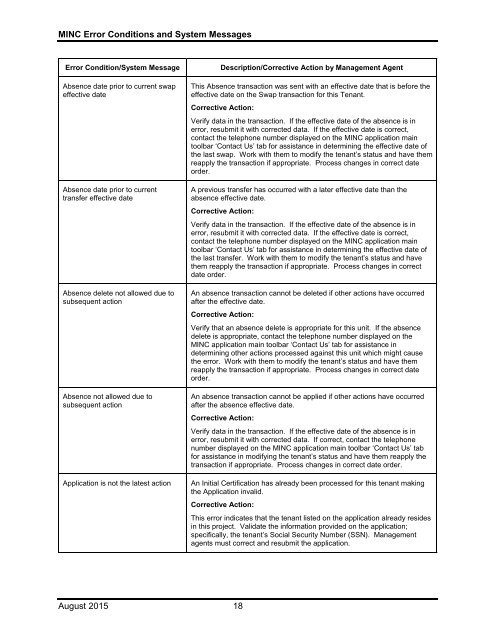 Error Condition/System Message - USDA MINC