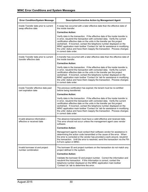 Error Condition/System Message - USDA MINC