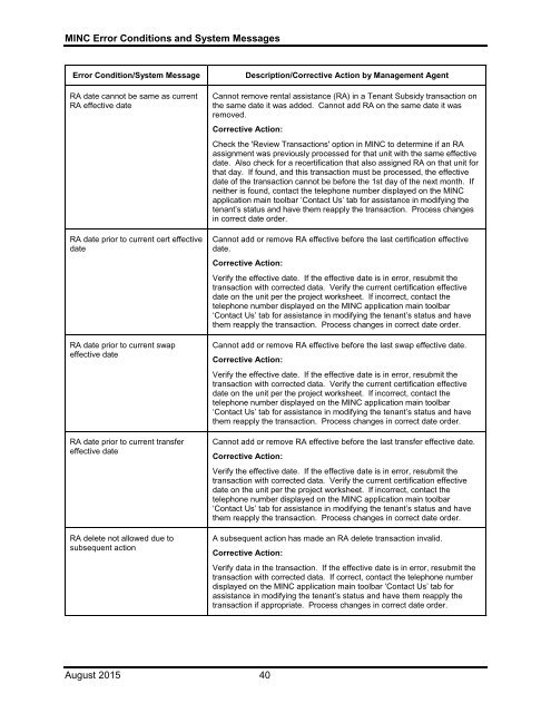 Error Condition/System Message - USDA MINC