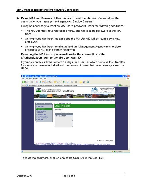 Reset MA User Password - USDA MINC