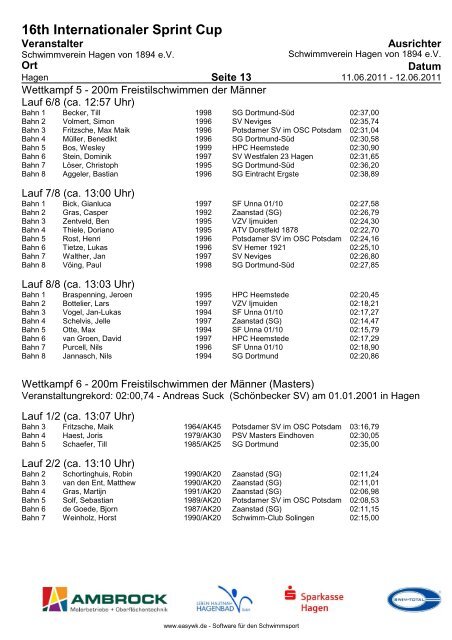 16TH Internationaler Sprint Cup - Schwimmverein Hagen von 1894 eV