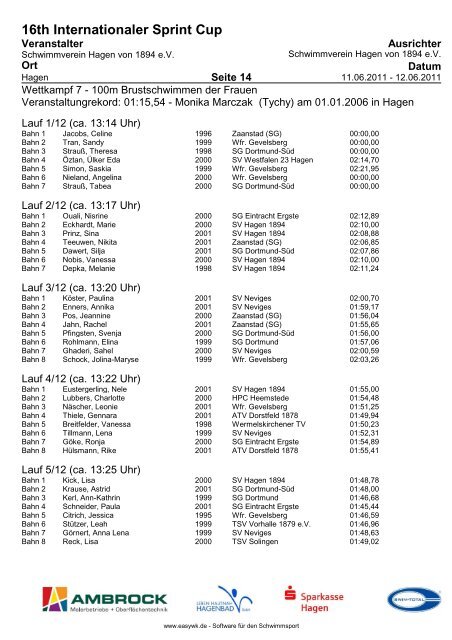 16TH Internationaler Sprint Cup - Schwimmverein Hagen von 1894 eV