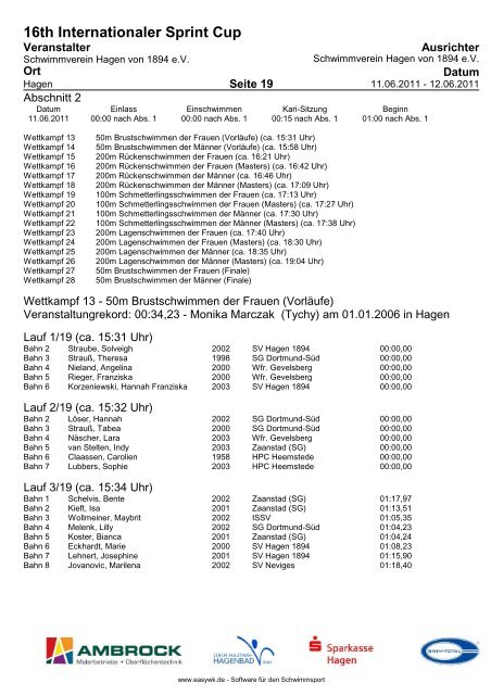 16TH Internationaler Sprint Cup - Schwimmverein Hagen von 1894 eV