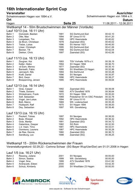 16TH Internationaler Sprint Cup - Schwimmverein Hagen von 1894 eV