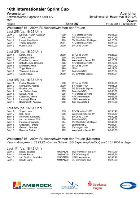 16TH Internationaler Sprint Cup - Schwimmverein Hagen von 1894 eV