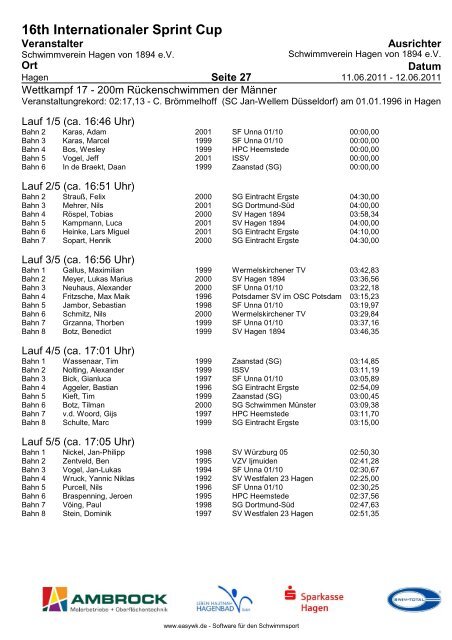 16TH Internationaler Sprint Cup - Schwimmverein Hagen von 1894 eV