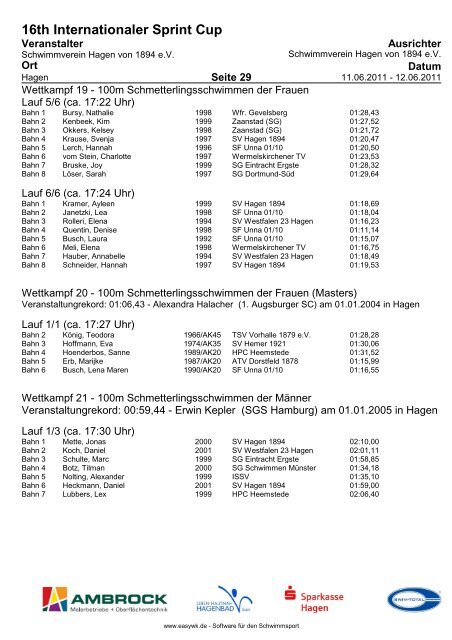 16TH Internationaler Sprint Cup - Schwimmverein Hagen von 1894 eV