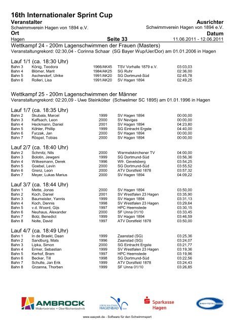 16TH Internationaler Sprint Cup - Schwimmverein Hagen von 1894 eV