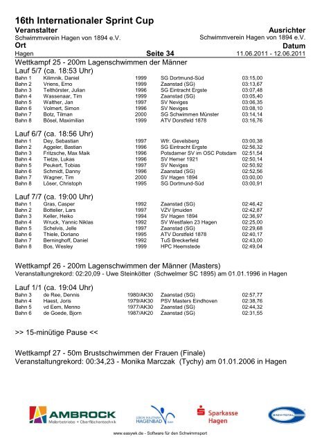 16TH Internationaler Sprint Cup - Schwimmverein Hagen von 1894 eV