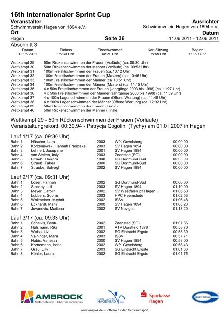 16TH Internationaler Sprint Cup - Schwimmverein Hagen von 1894 eV