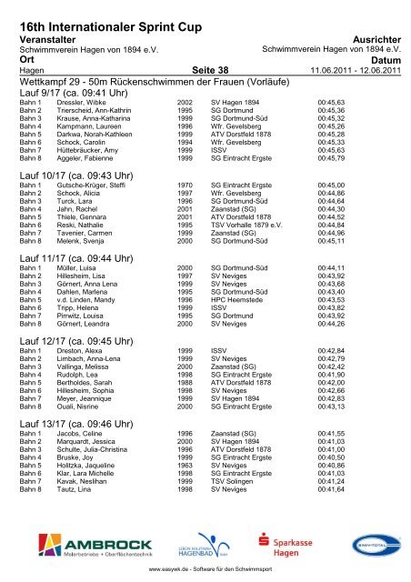 16TH Internationaler Sprint Cup - Schwimmverein Hagen von 1894 eV