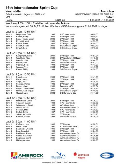 16TH Internationaler Sprint Cup - Schwimmverein Hagen von 1894 eV