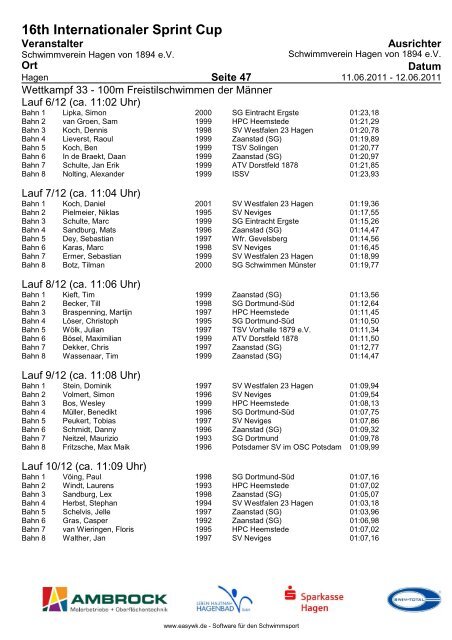 16TH Internationaler Sprint Cup - Schwimmverein Hagen von 1894 eV