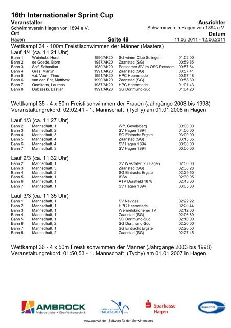 16TH Internationaler Sprint Cup - Schwimmverein Hagen von 1894 eV