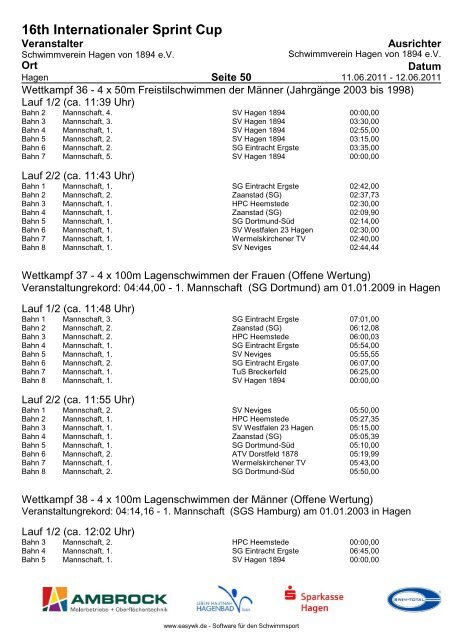 16TH Internationaler Sprint Cup - Schwimmverein Hagen von 1894 eV