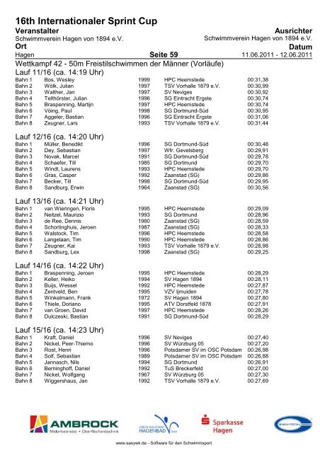 16TH Internationaler Sprint Cup - Schwimmverein Hagen von 1894 eV