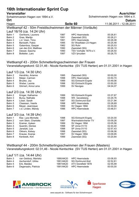 16TH Internationaler Sprint Cup - Schwimmverein Hagen von 1894 eV