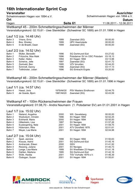 16TH Internationaler Sprint Cup - Schwimmverein Hagen von 1894 eV