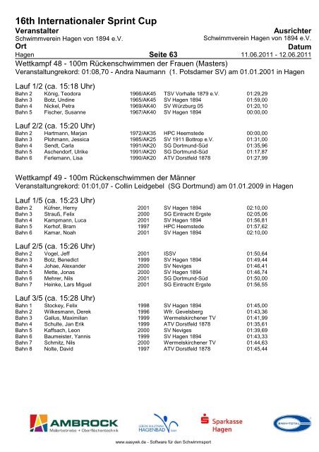 16TH Internationaler Sprint Cup - Schwimmverein Hagen von 1894 eV