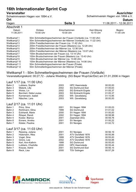 16TH Internationaler Sprint Cup - Schwimmverein Hagen von 1894 eV