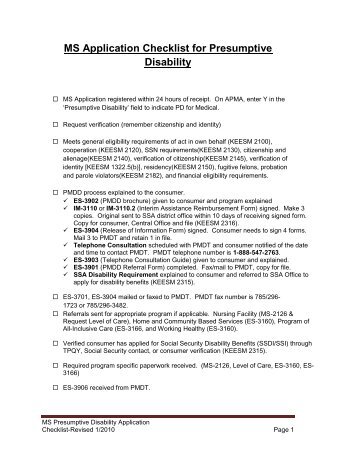MS Application Checklist for Presumptive Disability