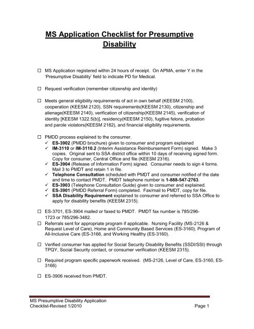 MS Application Checklist for Presumptive Disability