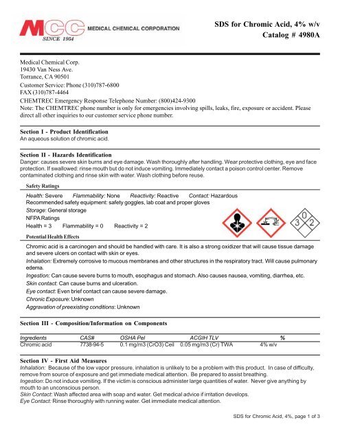 Sds For Chromic Acid 4 W V Catalog 4980a