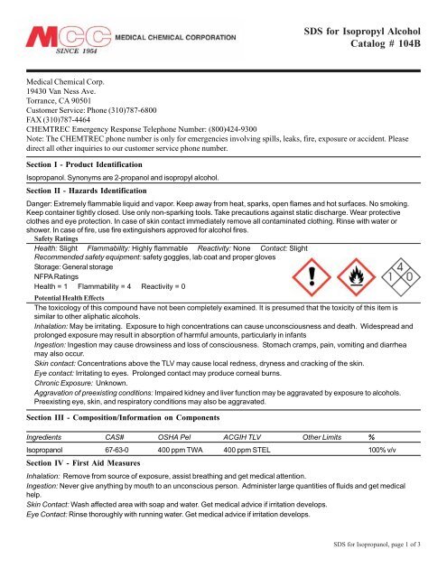 SDS for Isopropyl Alcohol Catalog # 104B