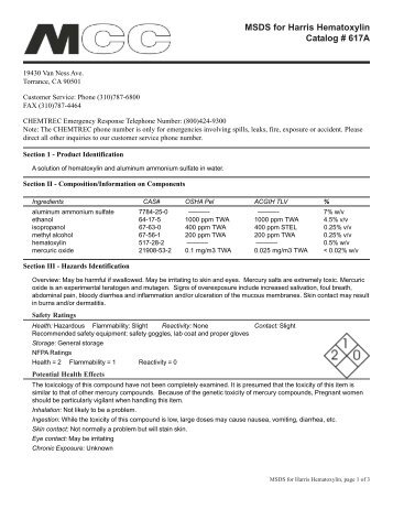 MSDS for Harris Hematoxylin Catalog # 617A