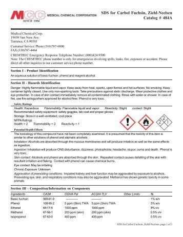 SDS for Carbol Fuchsin Ziehl-Neelsen Catalog # 484A