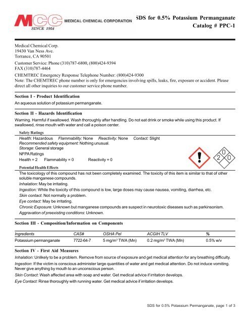 SDS for 0.5% Potassium Permanganate Catalog # PPC-1