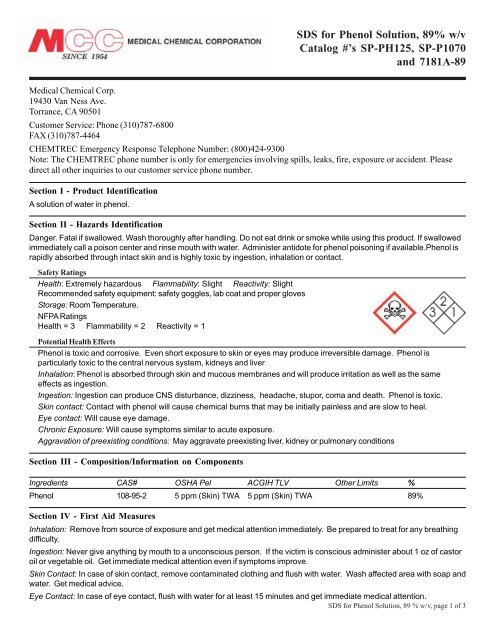 SDS for Phenol Solution 89% w/v Catalog #’s SP-PH125 SP-P1070 and 7181A-89