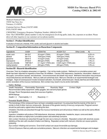 MSDS For Mercury Based PVA Catalog #2802A & 2802-05