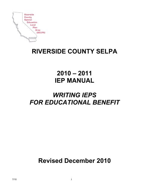 RIVERSIDE COUNTY SELPA 2010 – 2011 IEP MANUAL WRITING ...