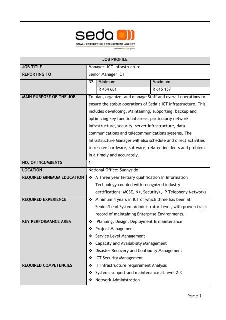 Page 1 JOB PROFILE JOB TITLE Manager: ICT Infrastructure ... - Seda