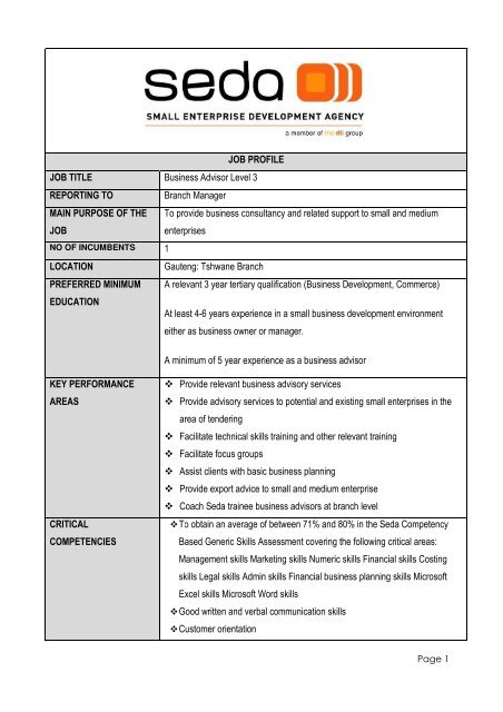 JOB PROFILE JOB TITLE Business Advisor Level 3 ... - Seda