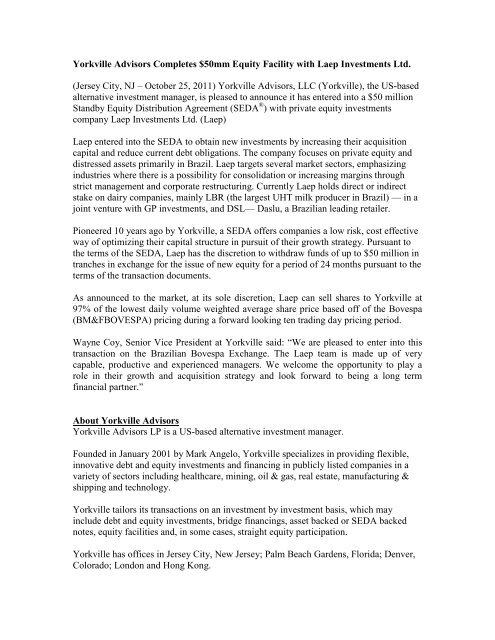 Plug Power Equity Agreement Yorkville Advisors Yorkville Advisors Completes $10mm Equity Facility with Laep