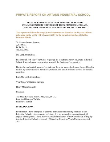 PRIVATE REPORT ON ARTANE INDUSTRIAL SCHOOL