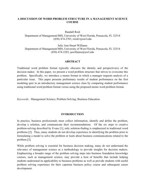 Structural Word Problem A Discussion of Word Problem Structure in a Management Science ...