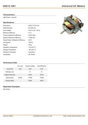 U5612-001 Universal AC Motors - Johnson Electric