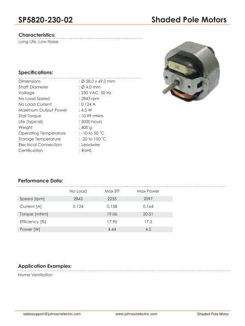 Shaded Pole Motors SP5820-230-02 - Johnson Electric