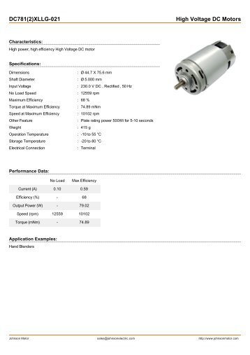 DC781(2)XLLG-021 High Voltage DC Motors - Johnson Electric