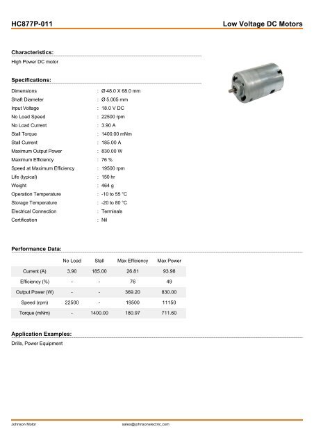 HC877P-011 Low Voltage DC Motors - Johnson Electric