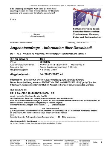 Angebotsanfrage - Information über Download! - K & W Bau GmbH